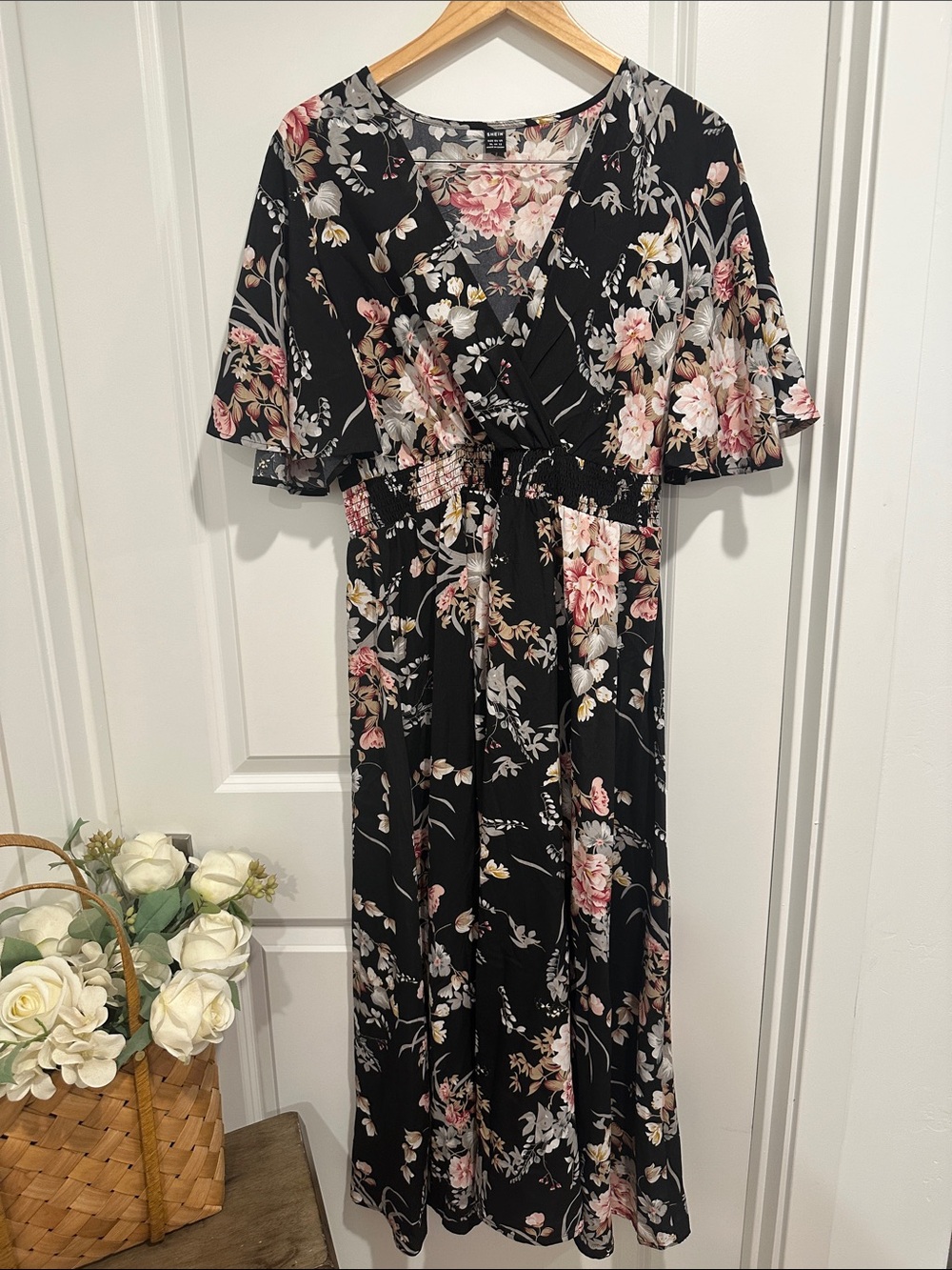 Black Floral Maxi Dress with Pink Floral Print